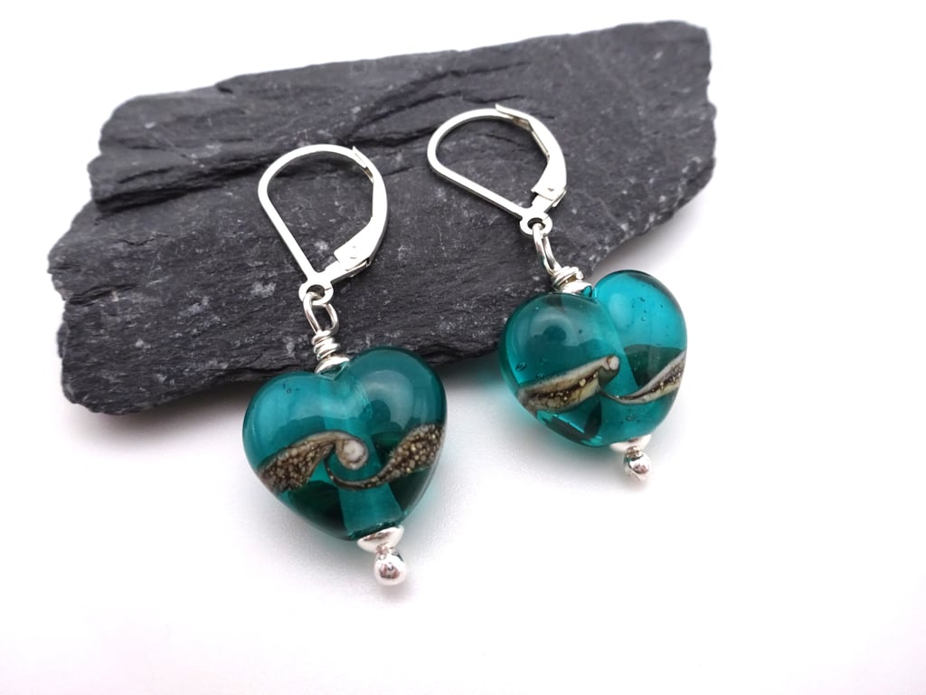 lampwork glass teal heart earrings