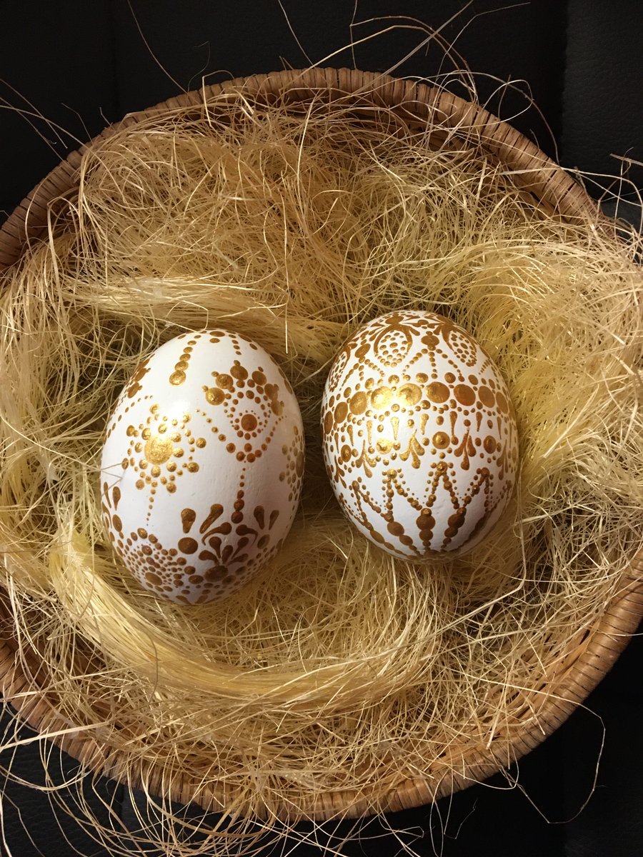 2 wooden Easter eggs , one of a kind, gold  on white 