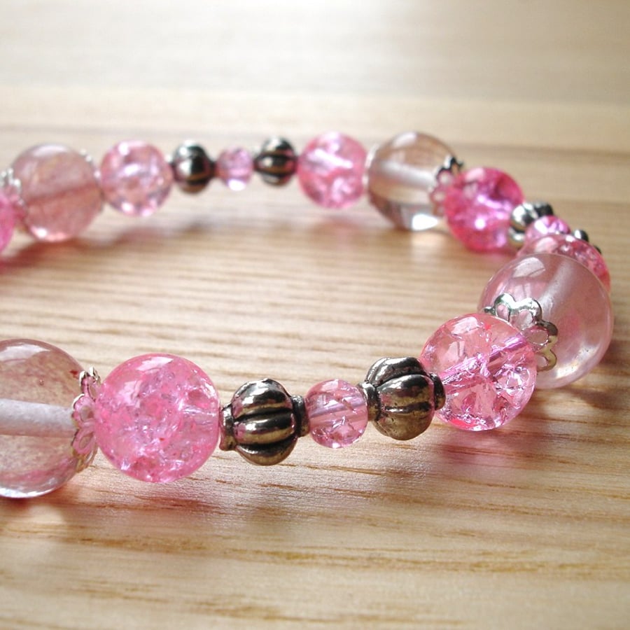 Pink Quartz and Glass Bead Bracelet
