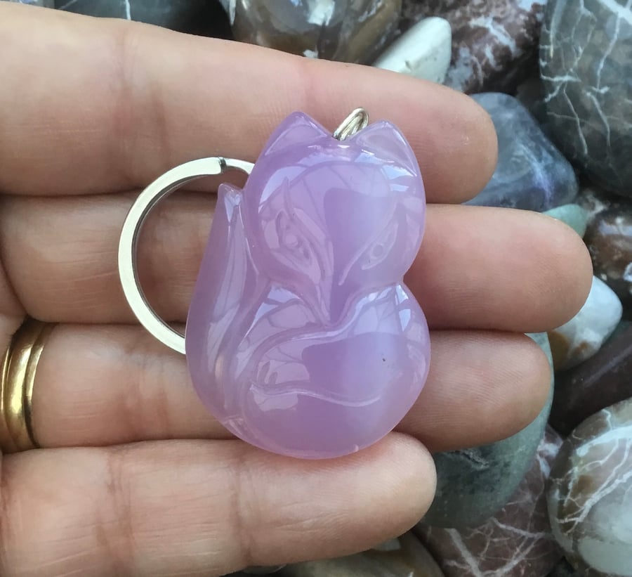 Blush Fox!  Beautiful Carved Pale Pink Agate Gemstone Keyring or Handbag Charm.