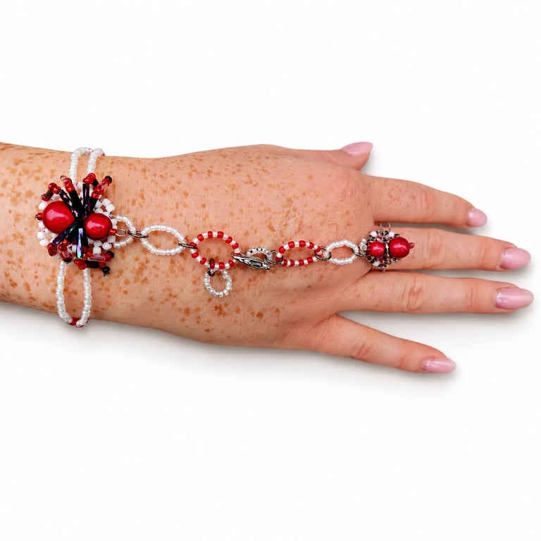Red Spider Hand Chain – Beaded Ring and Bracelet