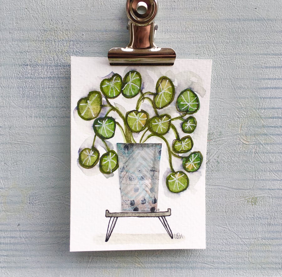 Original art miniature watercolour and collage ACEO house plant 