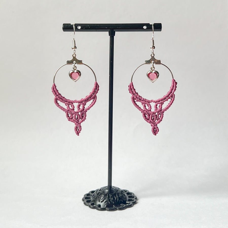 Macrame Hoop Earrings - Pink heart FREE UK P&P