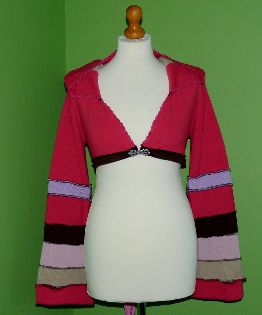 Upcycled Pixie Top with Long Hood and Bell Bottom Sleeves in Pinks