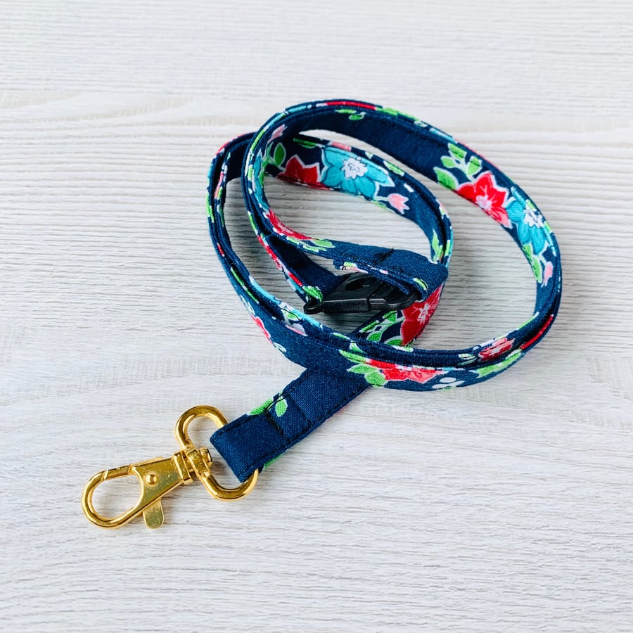 Lanyard with Safety Clasp - Navy Floral