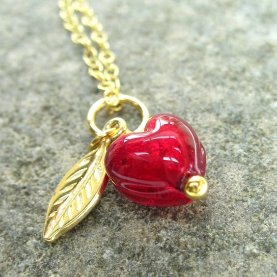 Red Glass Heart Pendant  Little Sweet Heart Gold plated Silver Venetian Necklace