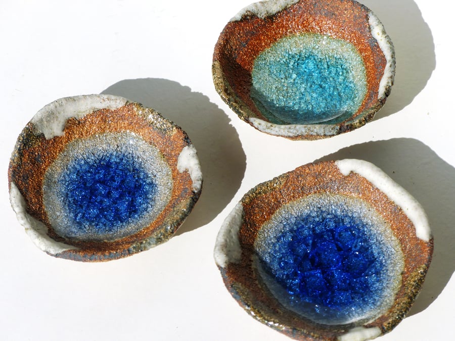 3 Blue Glass Pools, three blues - trinket dishes, ring earing bowls