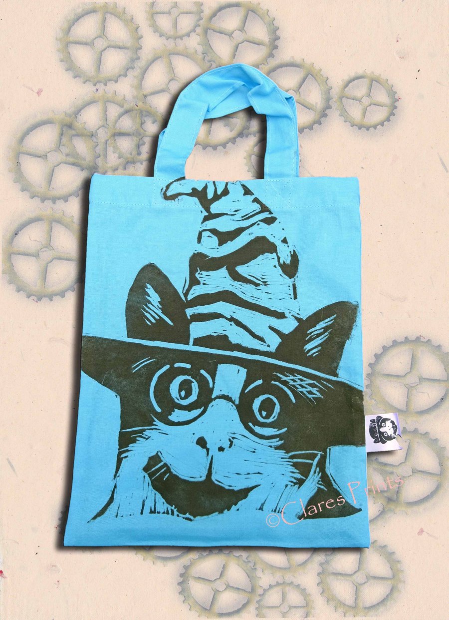 Harry Potter Cat Tote Hand Printed Turquoise Blue Mini Tote Shopping Bag
