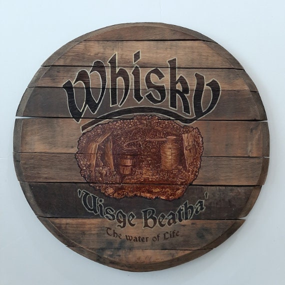Water of Life Whisky Barrel Top for Home Bar, Laser eng
