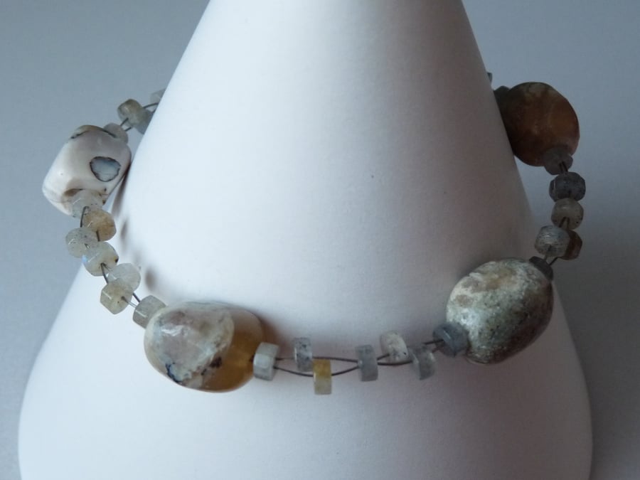 Labradorite & Natural Opal Bracelet - Genuine Gemstone - Sterling Silver