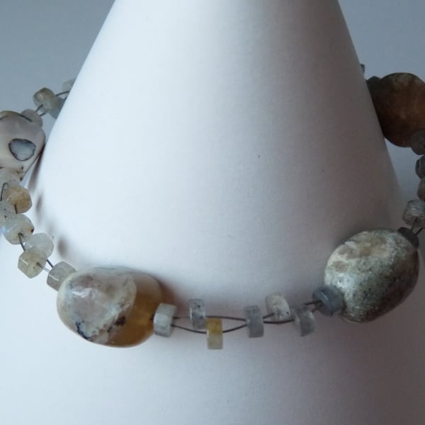 Labradorite & Natural Opal Bracelet - Genuine Gemstone - Sterling Silver