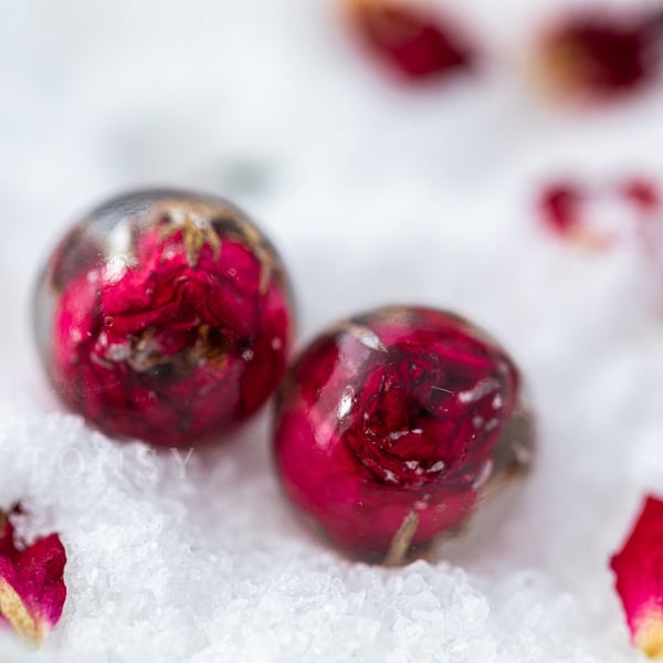 Real Flower Earrings Red Rosebuds Floral Jewelry Pressed Flower Earrings Nature 