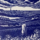 Guernsey sea view and standing stone - original linoprint