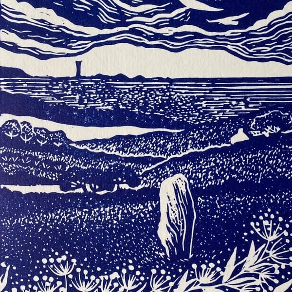 Guernsey sea view and standing stone - original linoprint
