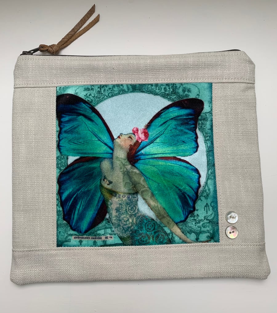Butterfly lady velvet and linen zip pouch