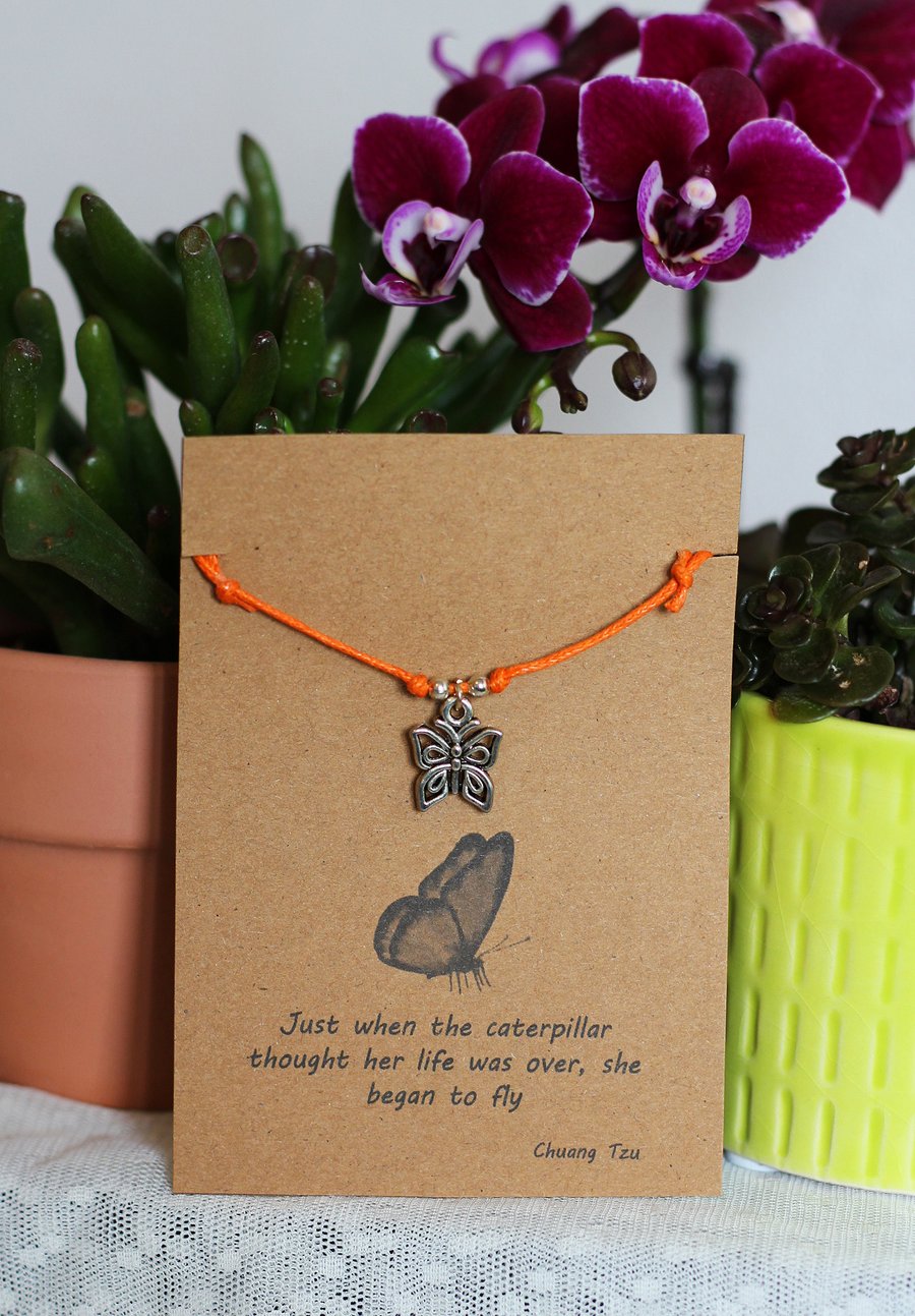 Handmade adjustable friendship bracelet with Tibetan silver butterfly charm