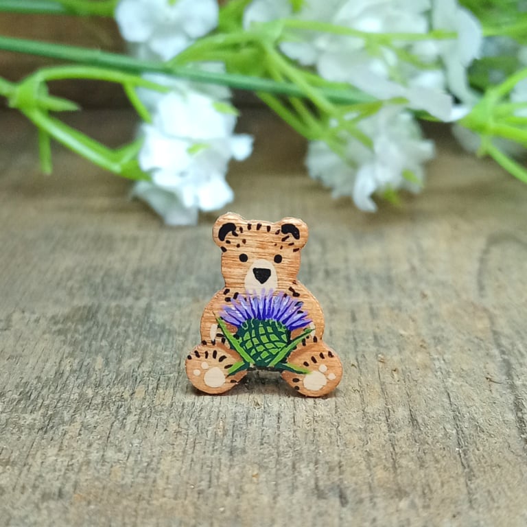 Scottish Thistle Pin, Handmade Scottish Gift, Tiny Bear Brooch, Scotland Teddy