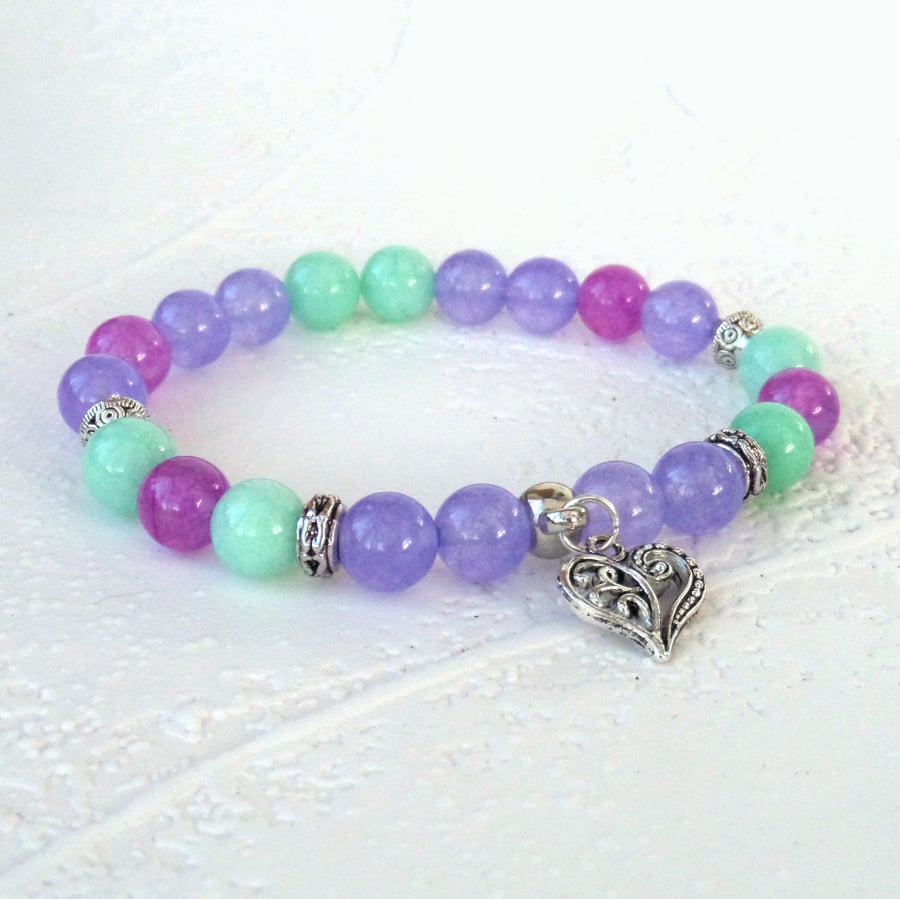 Gemstone bracelet with heart charm, pink, purple and turquoise stretchy bracelet