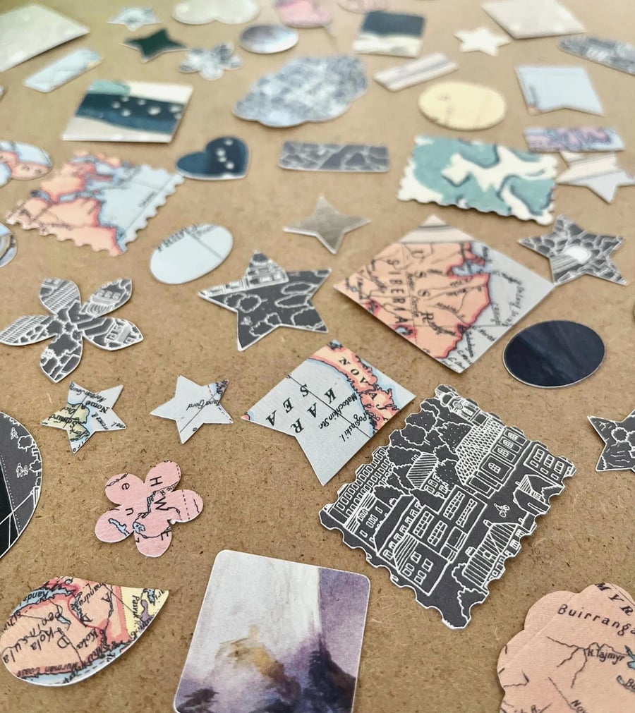 50 Die Cut Paper Shapes for Scrapbooking - Recycled From Maps, Art, Posters
