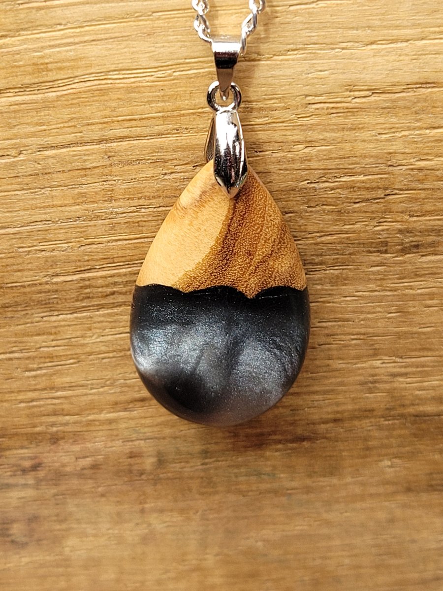 Olive wood and silver black resin pendant - free UK postage