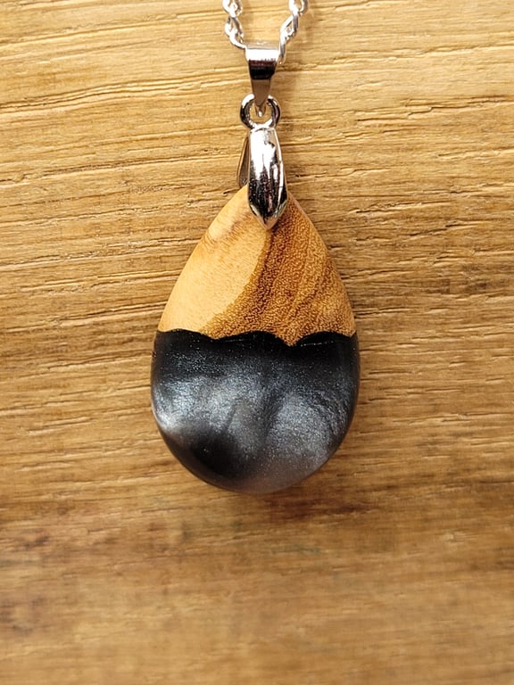 Olive wood and silver black resin pendant - free UK postage