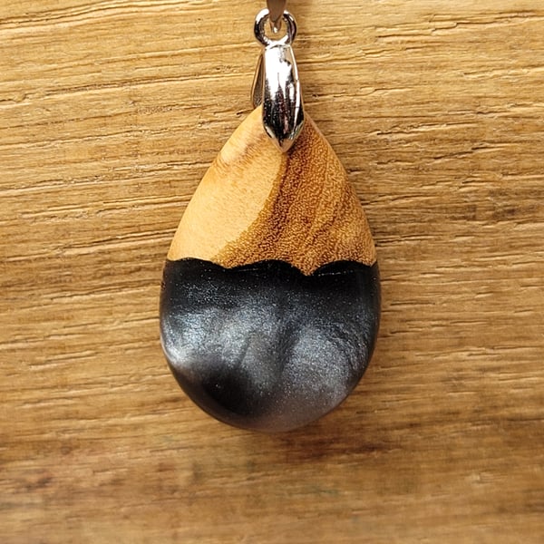 Olive wood and silver black resin pendant - free UK postage