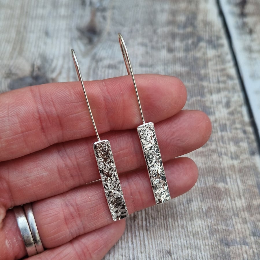 Sterling Silver Long Reticulated Organic Rectangle Earrings