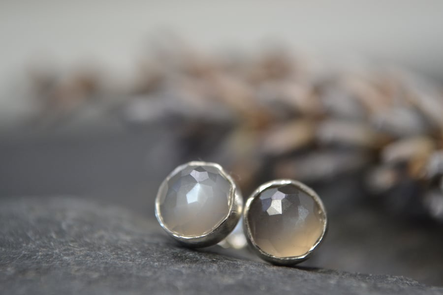 Grey moonstone rose cut sterling silver stud earrings