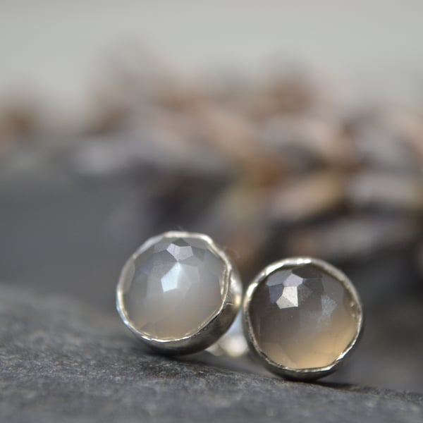 Grey moonstone rose cut sterling silver stud earrings