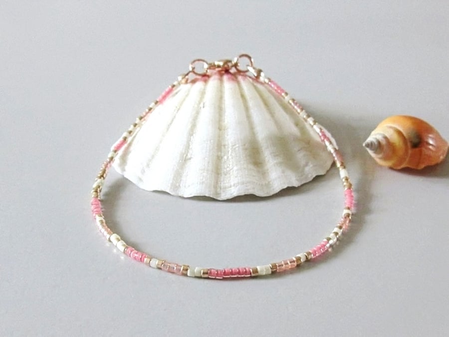 Dainty Pink & White Seed Bead Stacking Friendship Bracelet - Sizes 6.5" - 8.5"