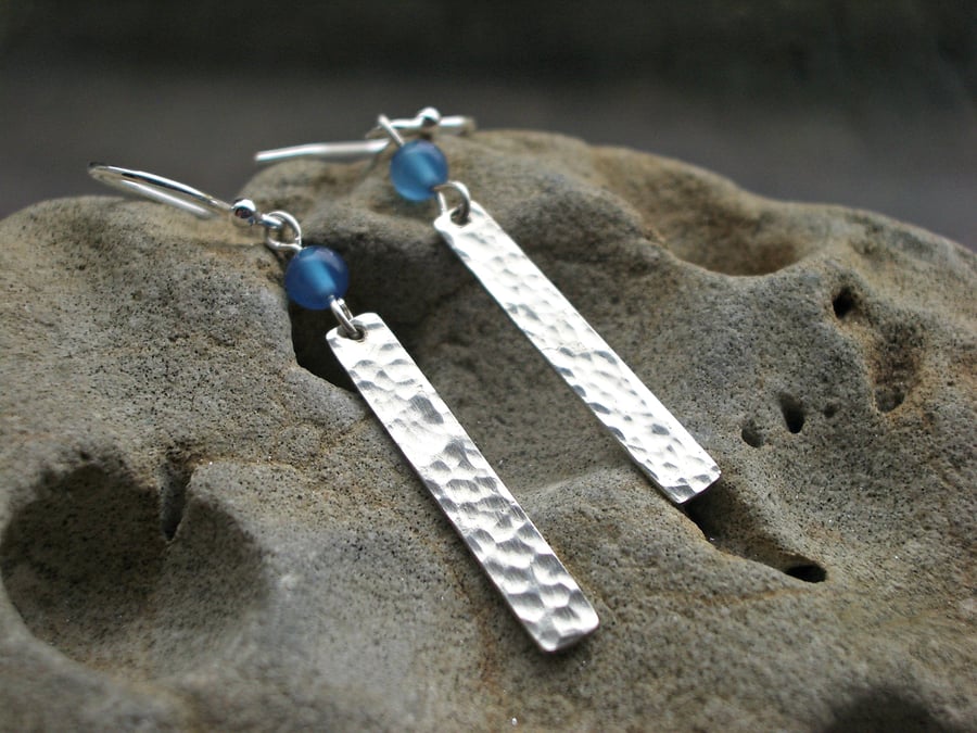 Sterling silver hammered earrings with blue agate