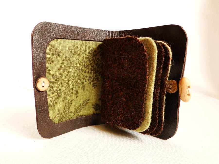 Insect Fabric Needle Case - Sewing Accessory - Brown Leather Needle Book 
