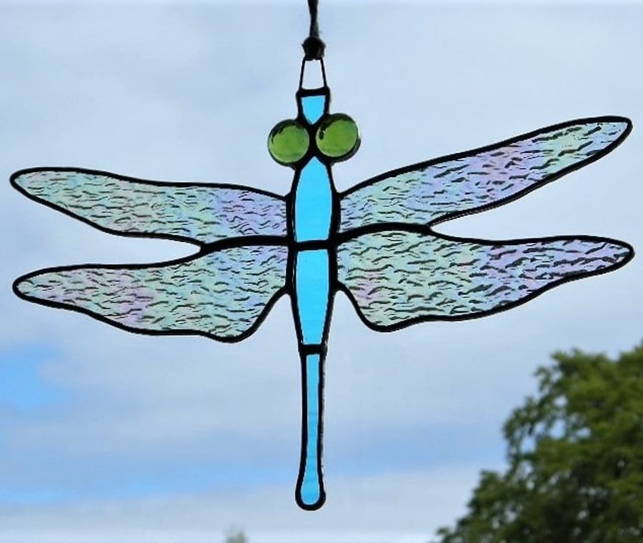 Stained glass suncatcher Dragonfly iridescent wings, sky blue body & green eyes