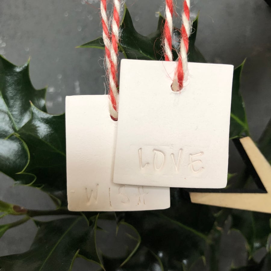 Ceramic gift tags - (Wish, Love) - green twine