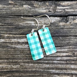 Pale Green Tartan Decoupage & Enamel Rectangle Earrings. Sterling silver.