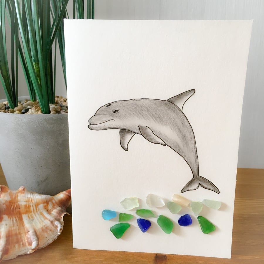 Cornish sea glass ‘Dolphin’ hand drawn  card