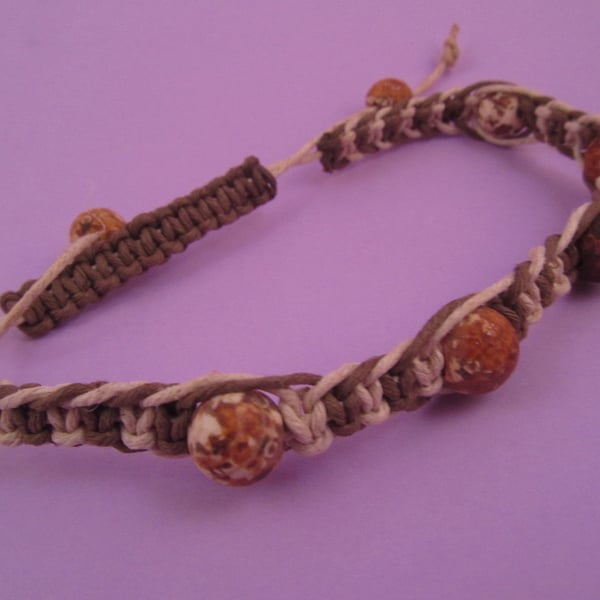Unisex Brown Jasper Cream Hemp Macrame Bracelet