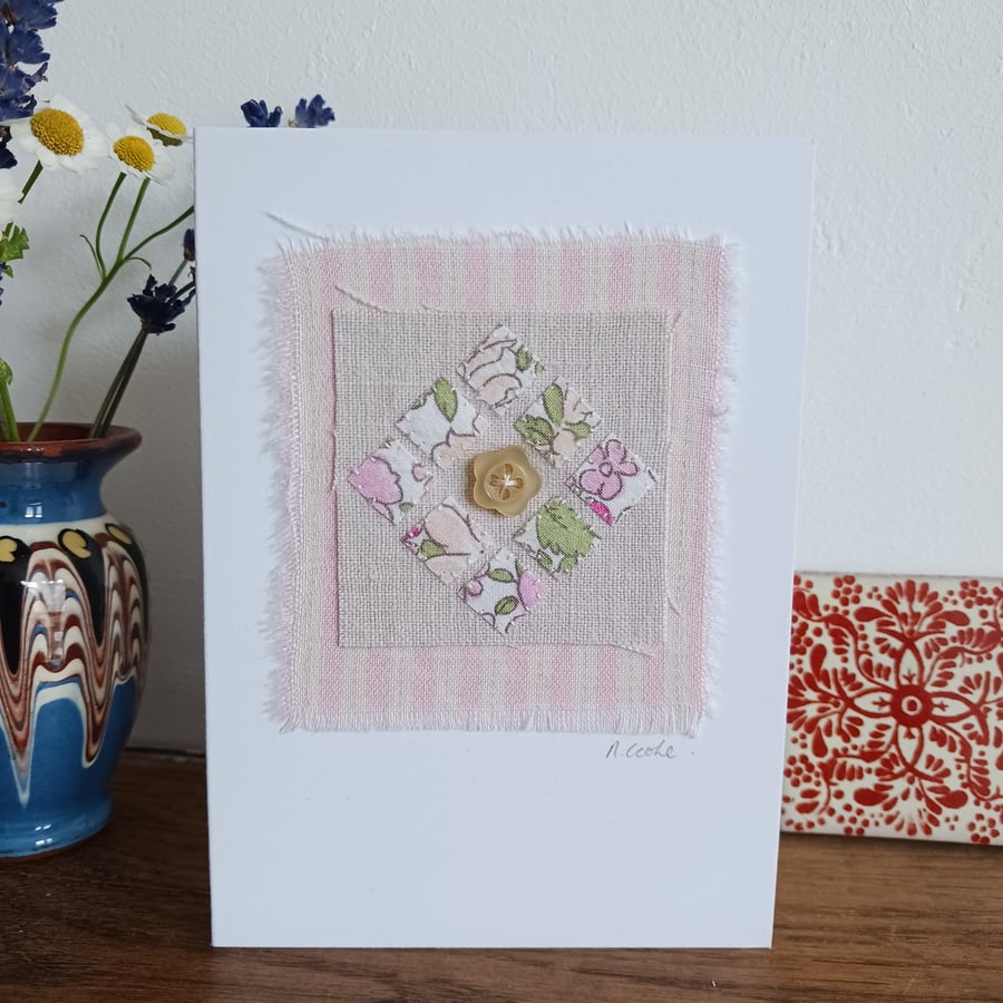Vintage Patchwork with button hand stitched fabric card - CLEARANCE