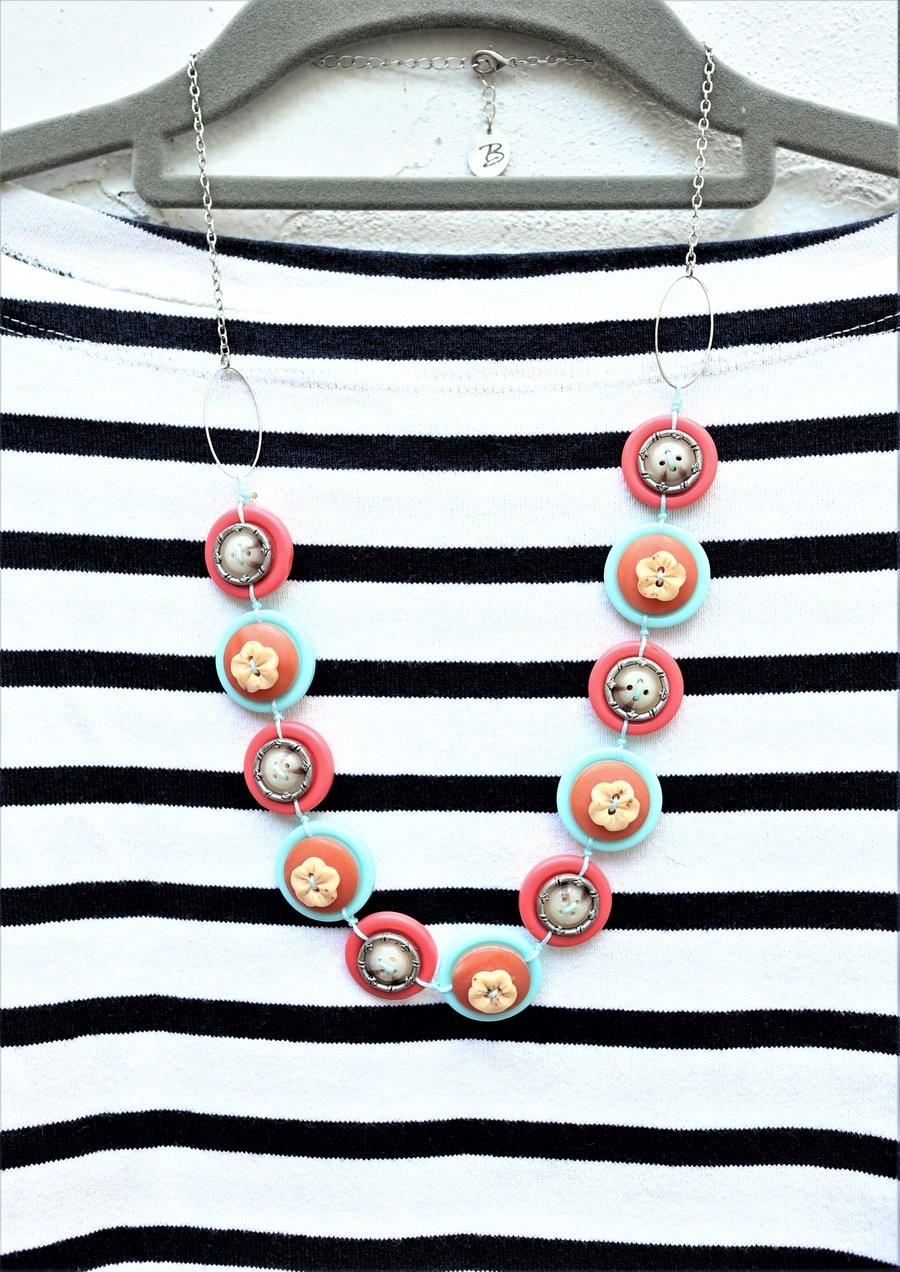 SALE - Pretty light turquoise and salmon pink vintage button necklace