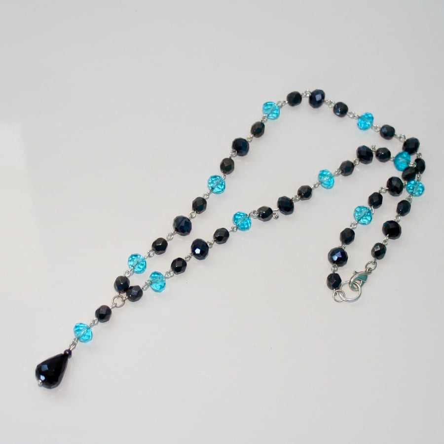SALE Rosary linked black and blue crystal necklace