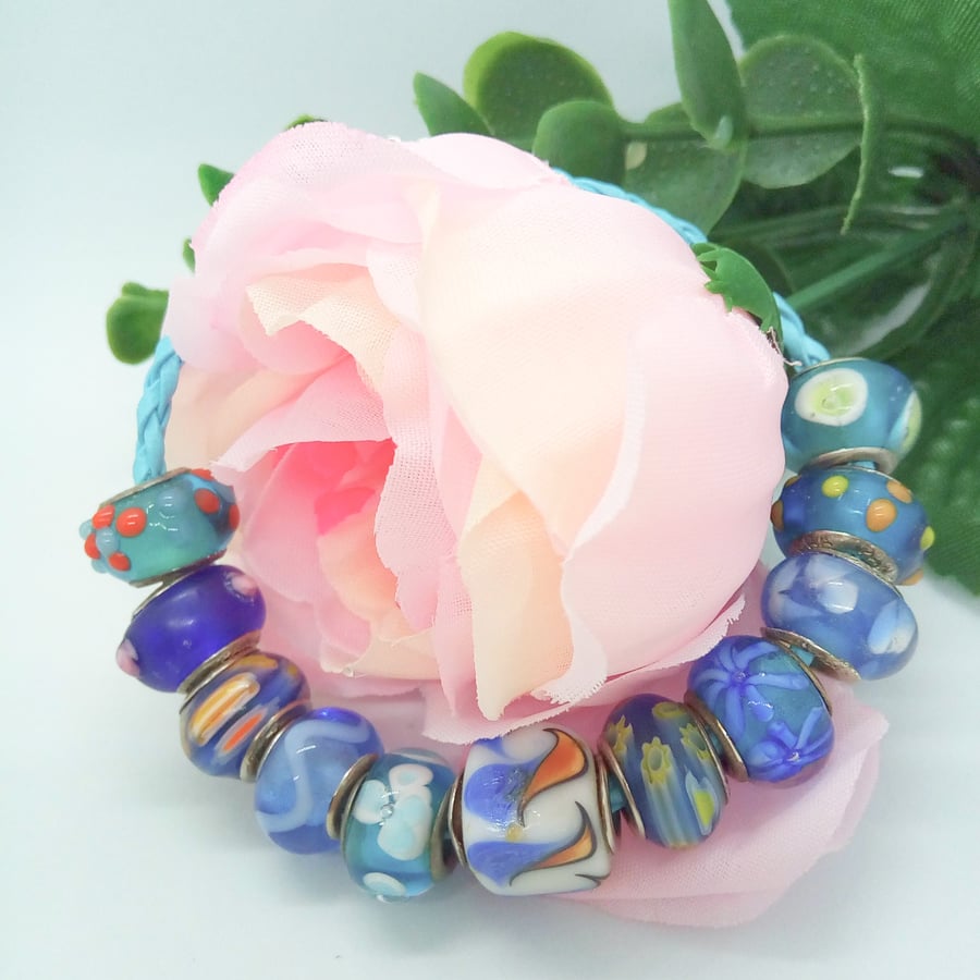 Pale Blue Plaited Leather Bracelet with Shades of Blue European Lampwork Beads