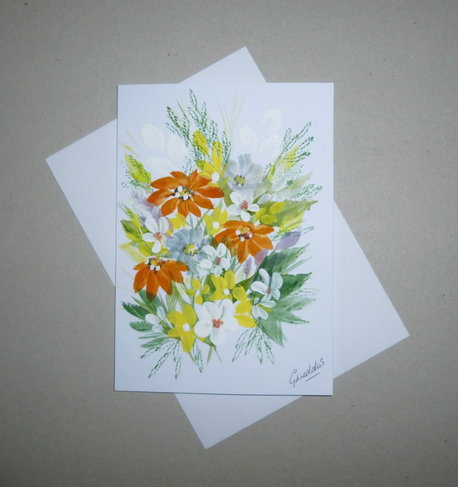 hand painted floral original art greetings card ( ref FA 140 D1 )