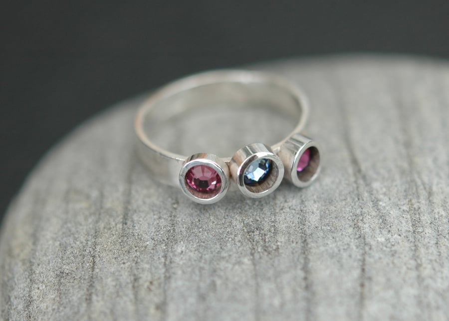 Sterling silver ring with three Swarovski crystals  R14