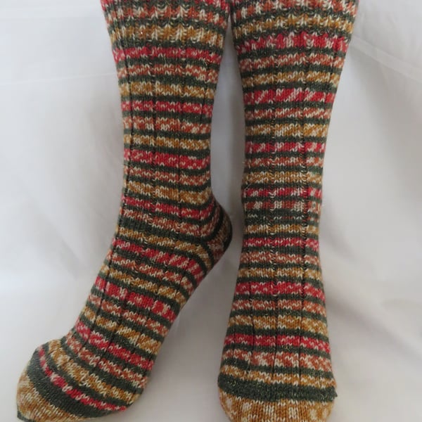 Hand-cranked Sparkly Knitted Ribbed Wool Socks Size 8 to 9