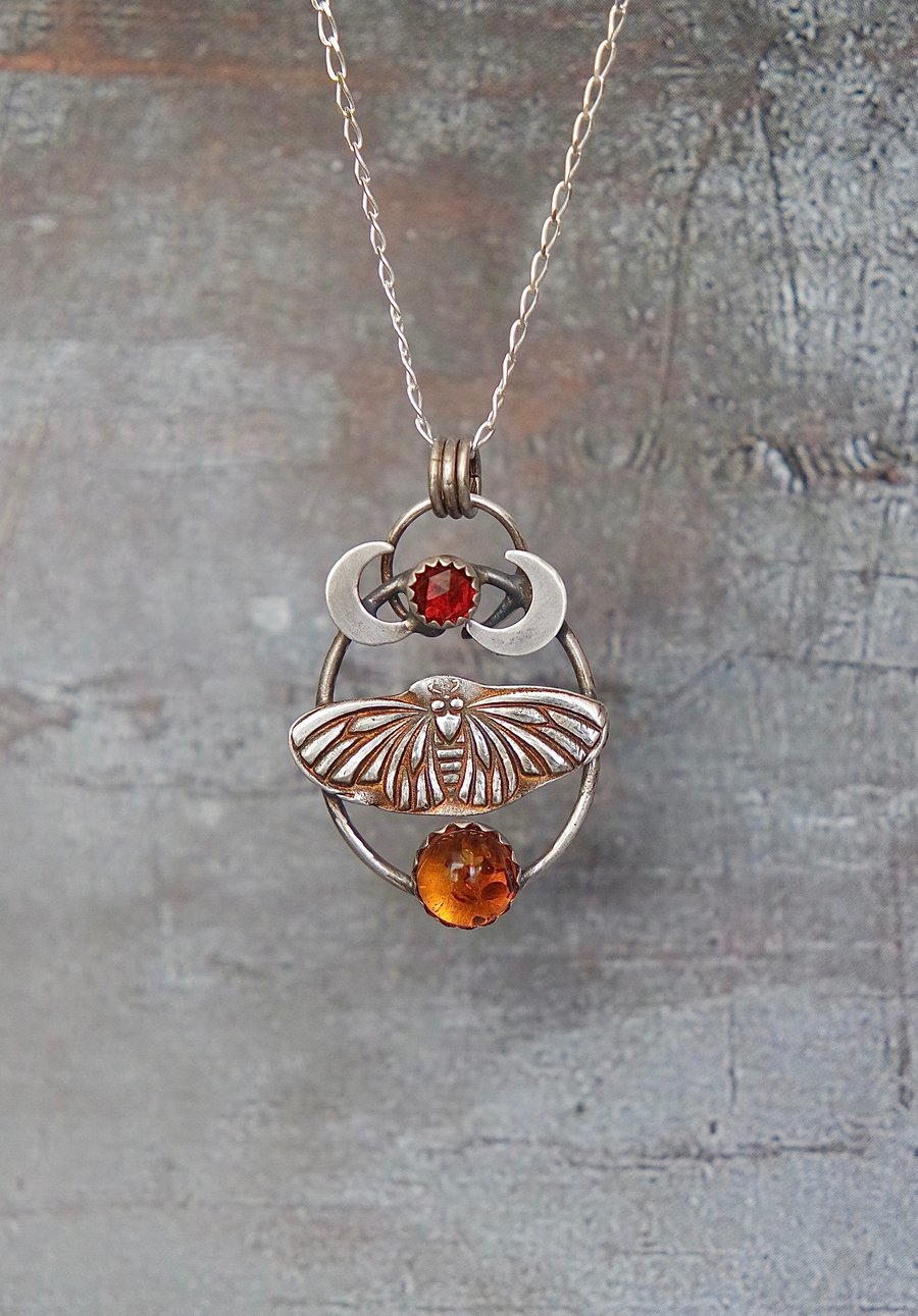 Moth and Moon Necklace, Garnet, Amber, Sterling Silver