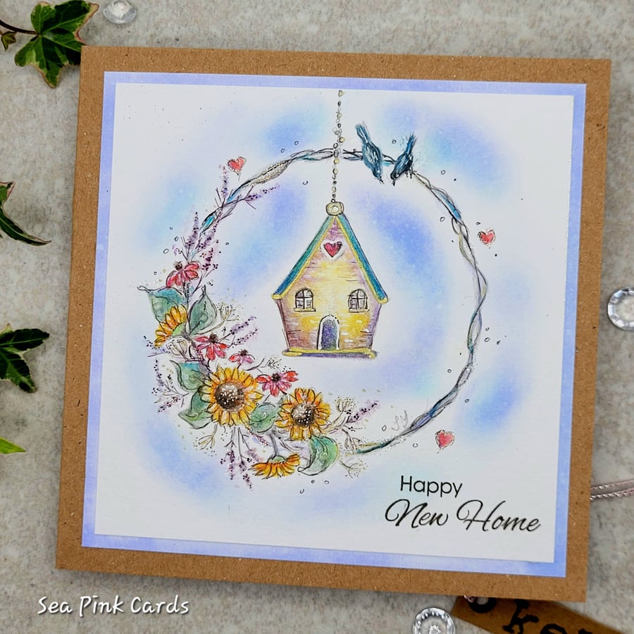 New Home Card - original handpainted - birdhouse, sunflowers, birds, wreath
