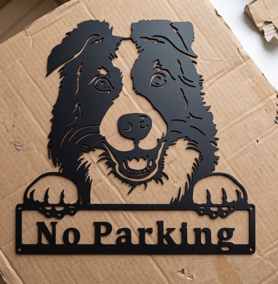 Image of Border Collie No Parking Sign Metal Dog Fence Topper Gate Wall Art Black 25cm