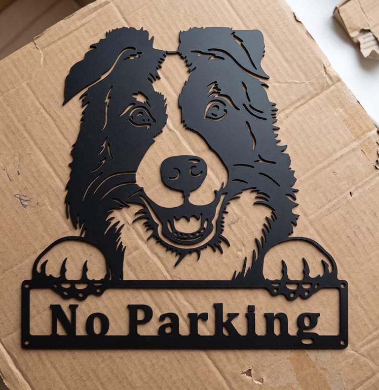 Border Collie No Parking Sign Metal Dog Fence Topper Gate Wall Art Black 25cm