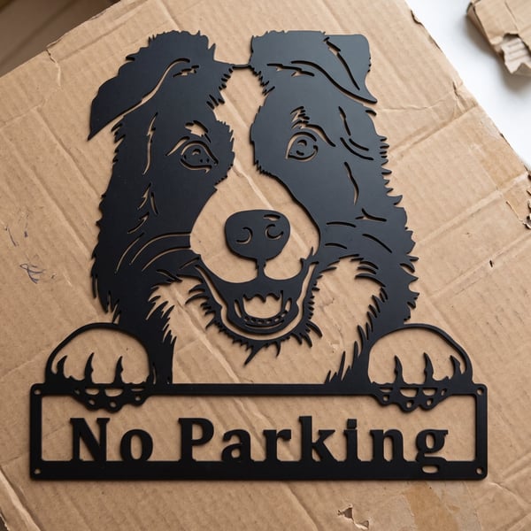 Border Collie No Parking Sign Metal Dog Fence Topper Gate Wall Art Black 25cm