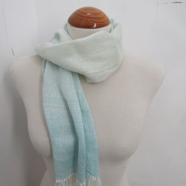 Cream and Blue Handwoven Cotton Scarf